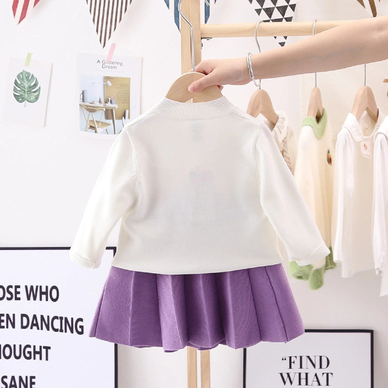 Girls&prime; Autumn Knitted Suit Cute Crocheted Sweater Skirt Warm Pleated Skirt