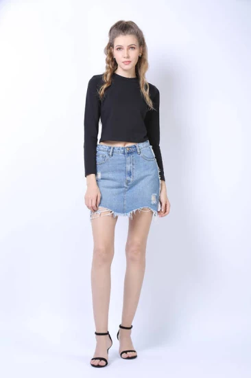 Women Garment Light Blue with Fringe Denim Jeans Skirt