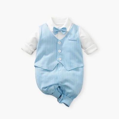 Light Color Gentleman Style 100%Cotton Long Sleeve with Bow Tie Pajama Baby Boys Romper