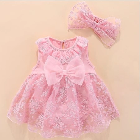 Infant Baby Girls Flower Dresses Christening Gowns Newborn Babies Baptism Clothes Princess Tutu Birthday White Pink Red Bow Dress with Hair Band