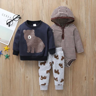 Spring Autumn 2022 Long Sleeve Long Sleeved Hooded Coat Romper Trousers Three Pieces Set Baby Boys Clothing Sets for Wholesale