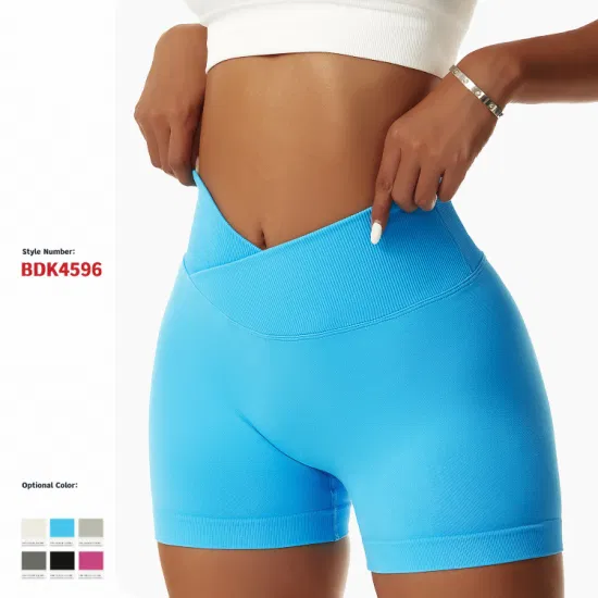 Bdk4596 Women Hip Lifting Elastic Cross Waist Running Fitness Yoga Shorts Tight Seamless Sports Shorts